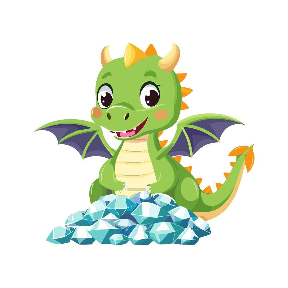 A little dragon guards a pile of sparkling gems vector