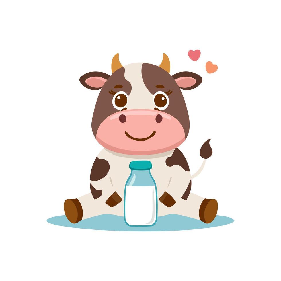flat Smiling cow with milk bottle floating beside her vector