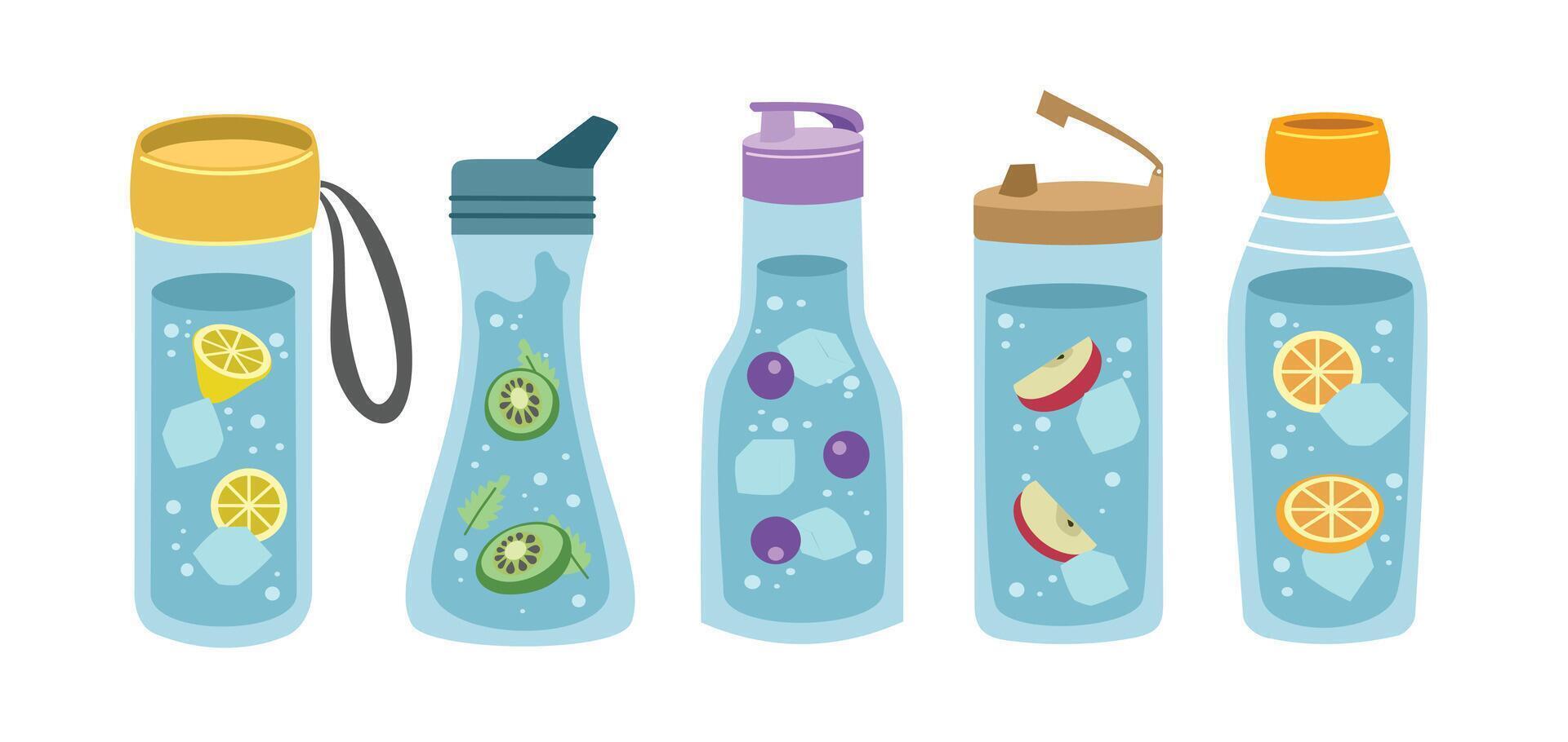 Set of bottle in different shape. Collection of drink with different flavor. Fresh ice water. Detox drink. Healthy drinks. vector
