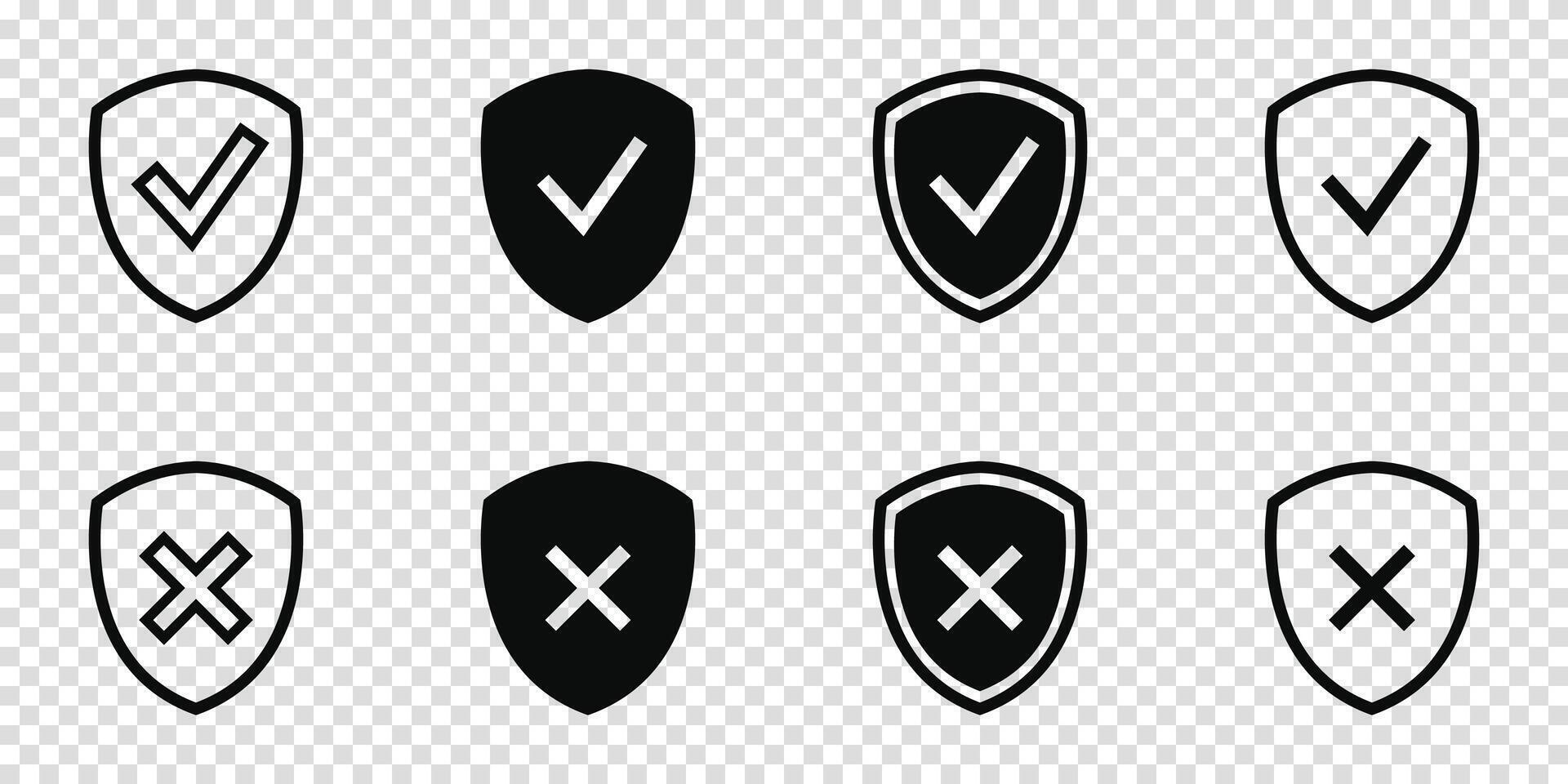 Shield check mark icon set. Protection approve sign. Safe icon. Tick and cross icons. vector