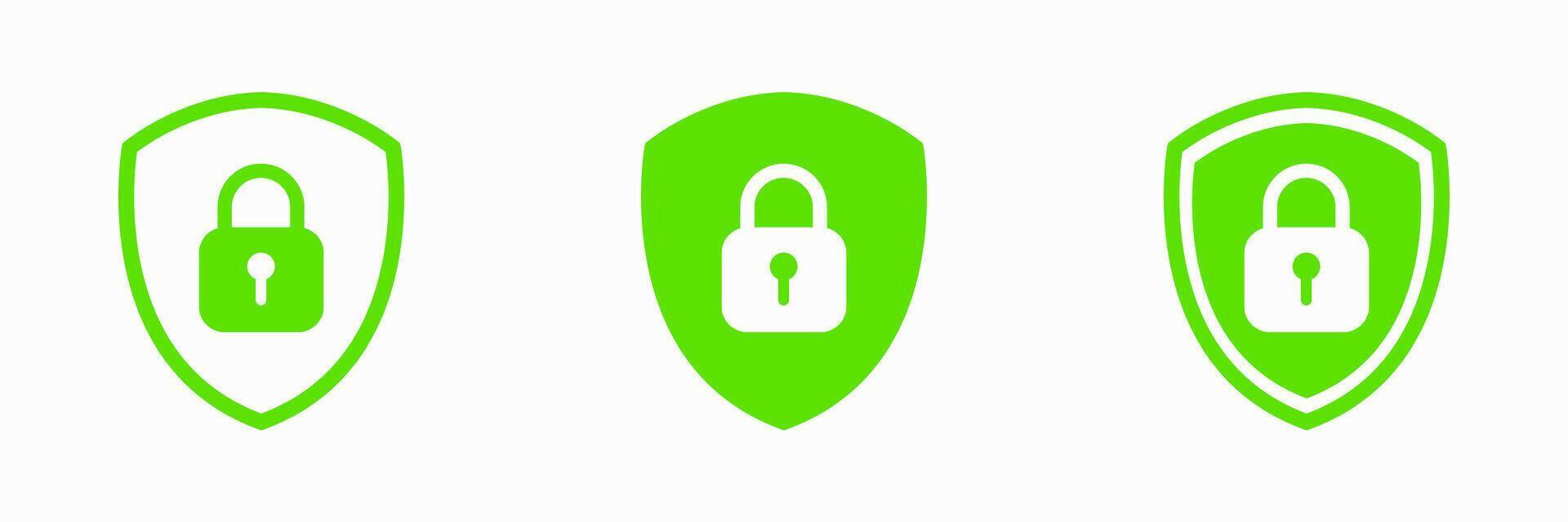 Collection of padlock shield icons featuring lock symbol for digital security, antivirus defense, web protection, private access, firewall, password login, data encryption and information safety vector