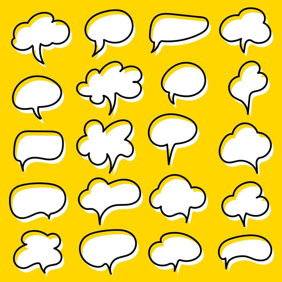 Set of comic black and white speech bubbles on yellow background. vector