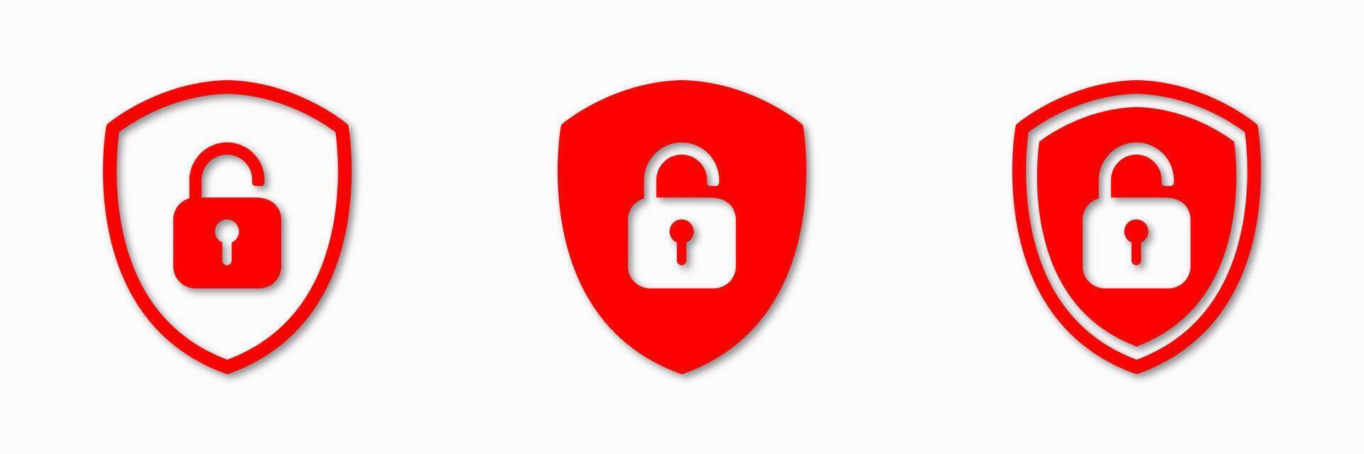 Set of shield icons with open padlock symbol. Unlock, access granted, privacy control, login, password reset, cyber security, open lock, UI element, digital access, data protection. vector