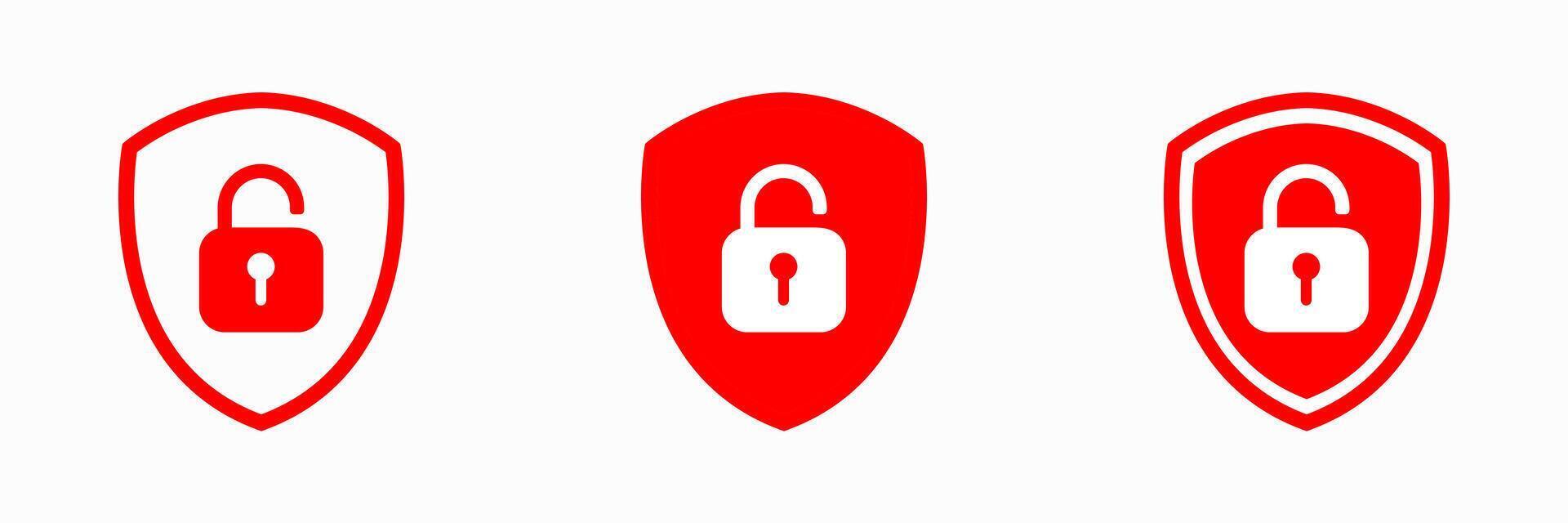 Unlock padlock on shield icons. Open access, secure entry, privacy settings, web security, data control, authentication, unlock sign, app icon, safety UI, lock symbol, protection. vector