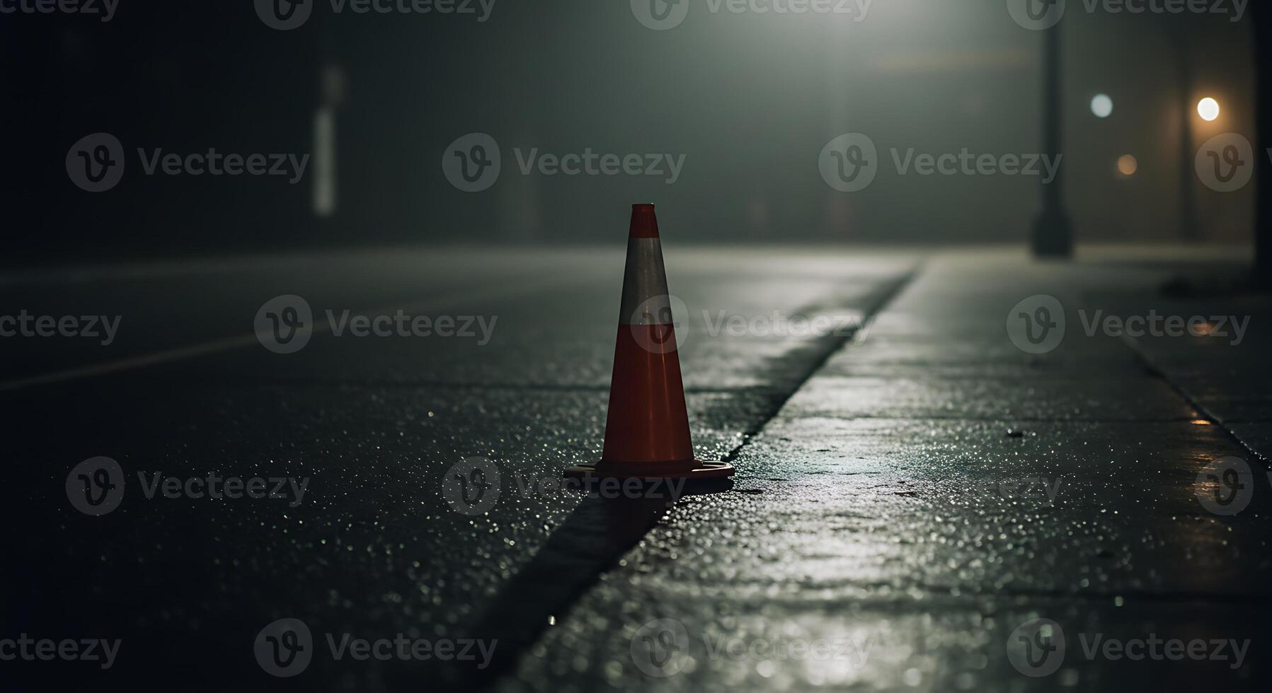 Night Traffic Cone on a Foggy Street photo
