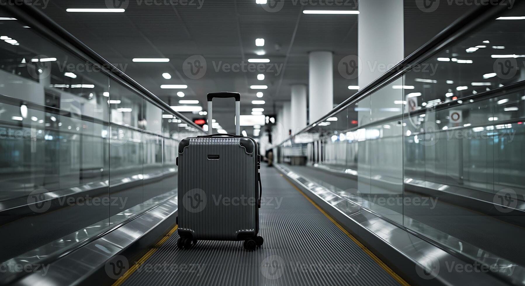 Lonely Suitcase on Airport Moving Walkway photo
