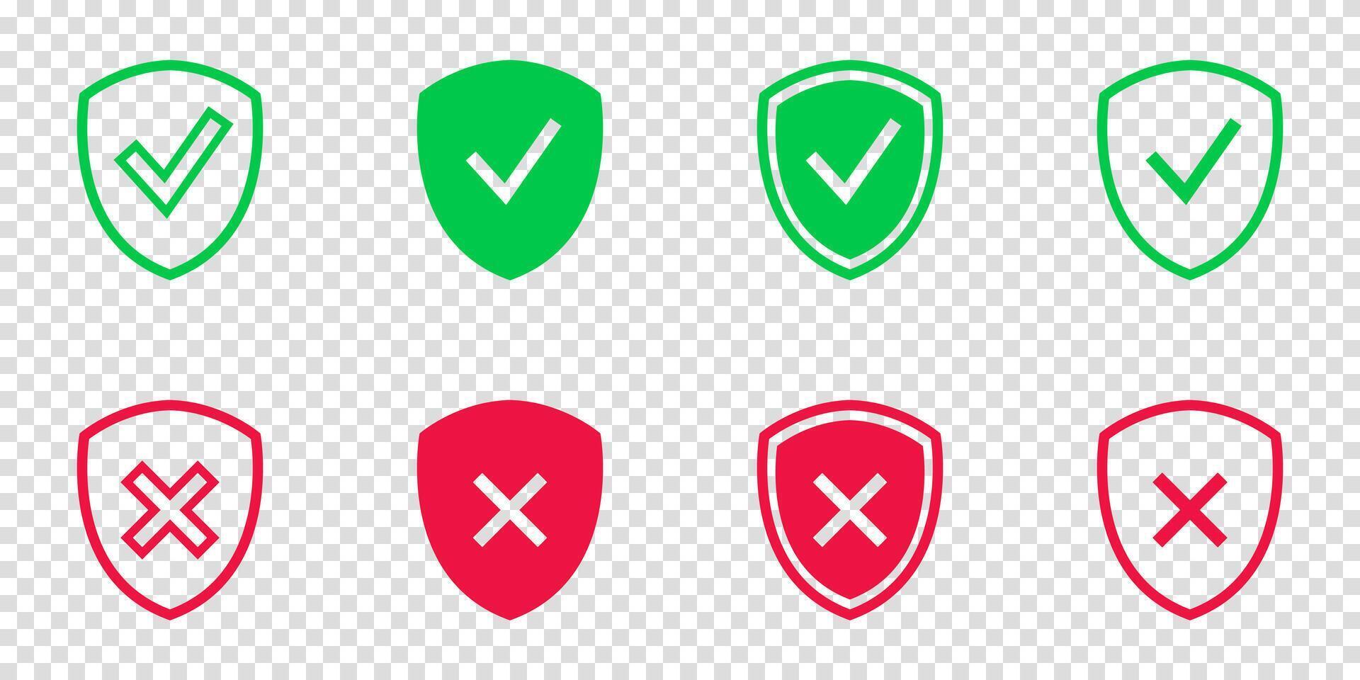 Shield check mark icon set. Protection approve sign. Safe icon. Tick and cross icons vector