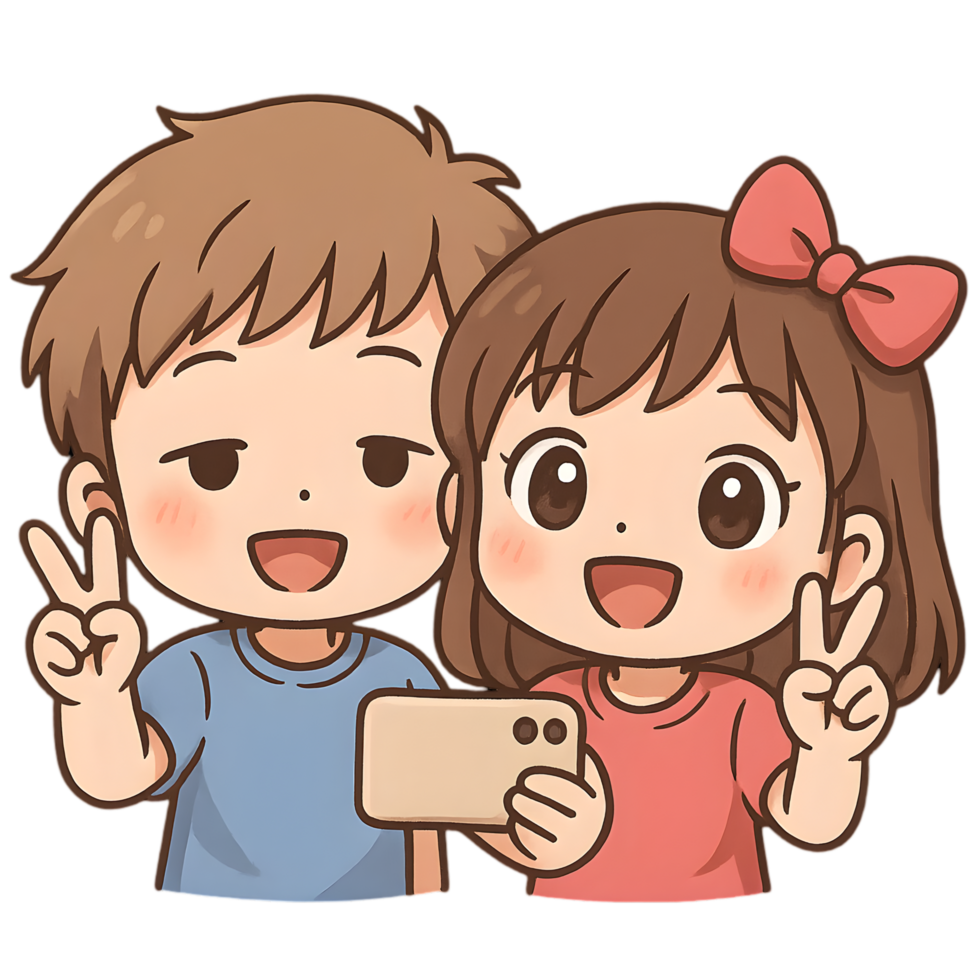 Chibi boy and girl group selfie peace sign in transparent background fun and joyful vibe animated characters png