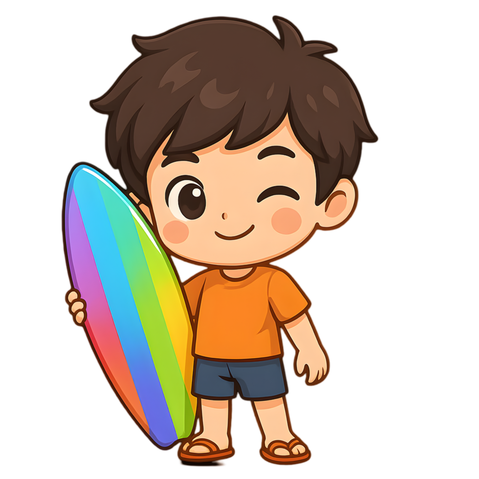 Charming chibi boy with colorful surfboard at beach playful scene vibrant day joyful atmosphere png