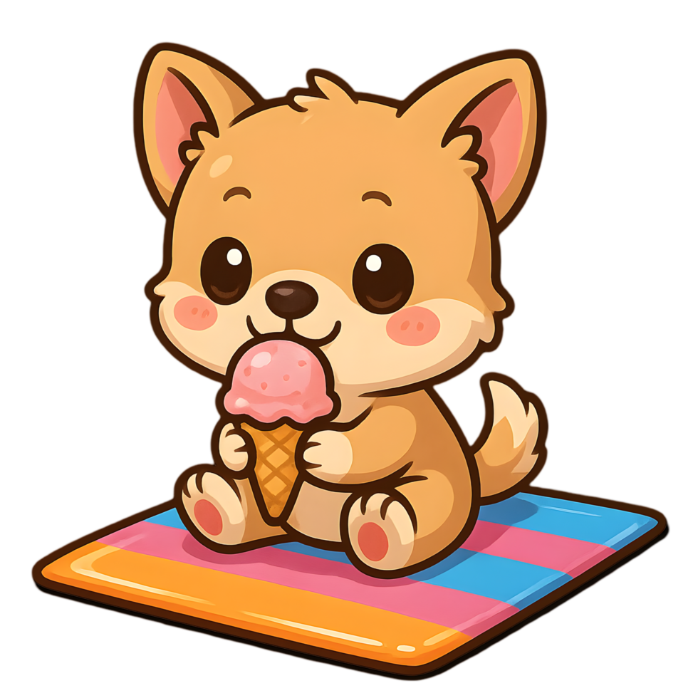 Chibi dog enjoying ice cream on beach towel playful scene cartoon style fun environment joyful concept png