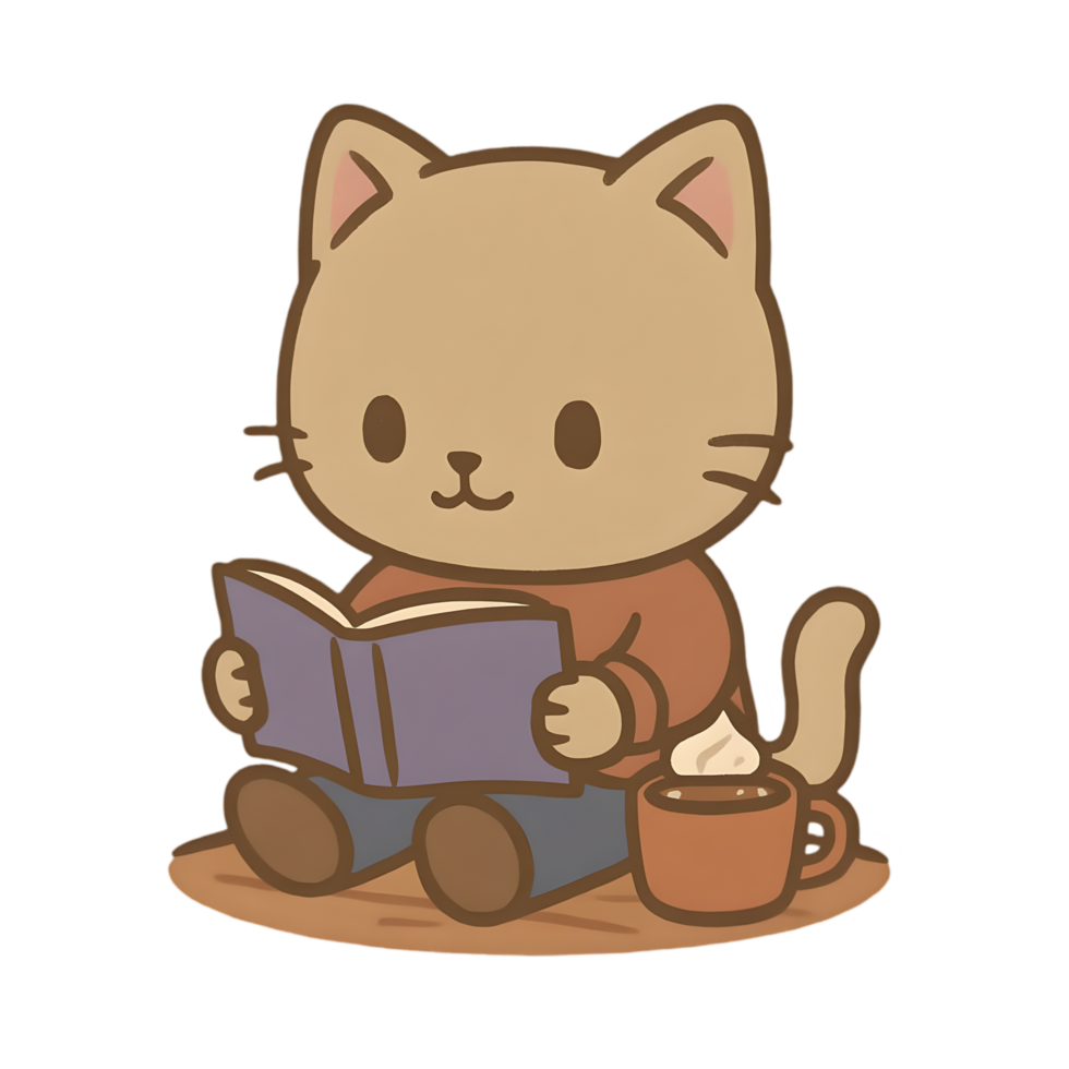 Charming chibi cat reading book with hot cocoa cozy setting digital art playful vibe whimsical view png