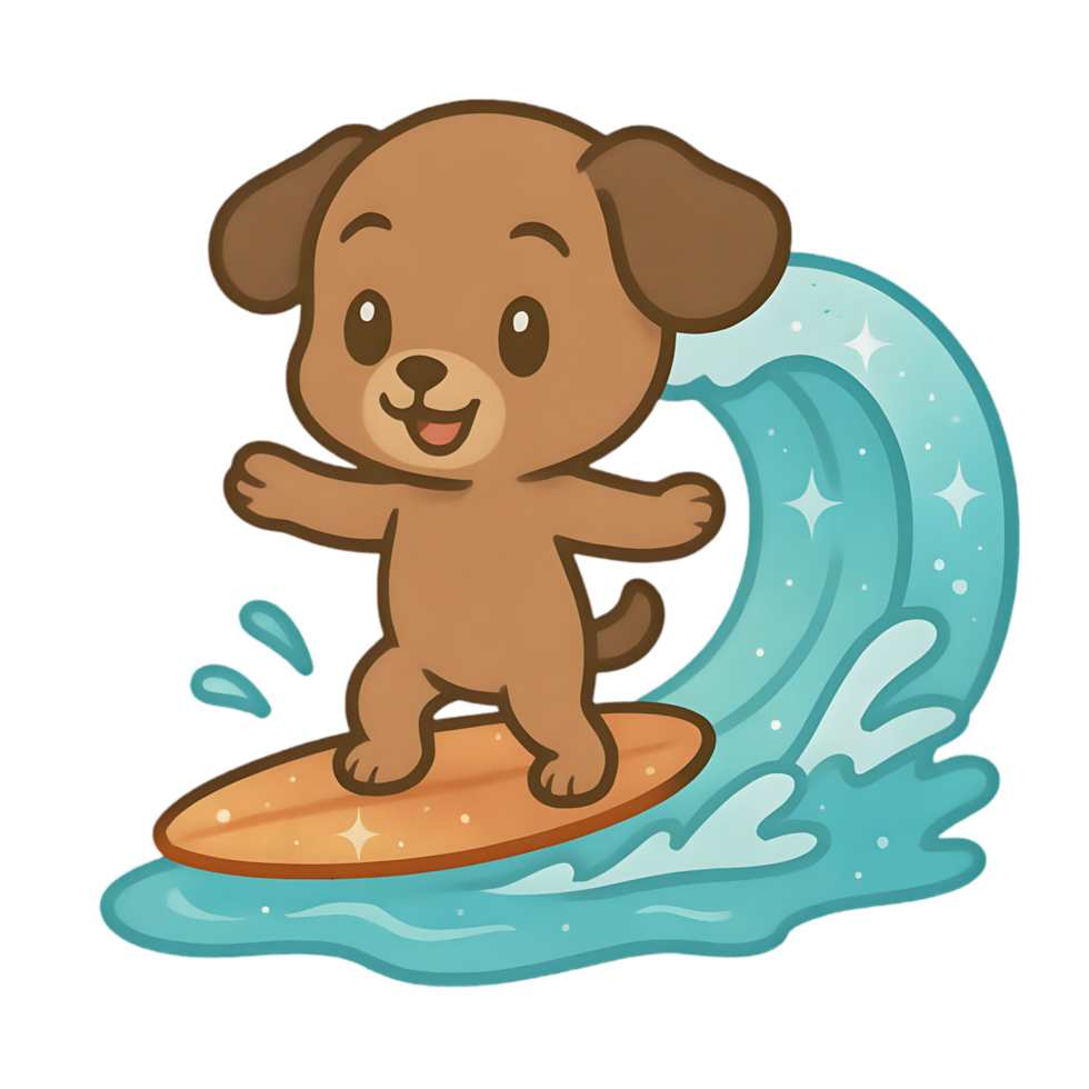 Charming chibi dog surfing on tiny shiny surfboard beach illustration fun playful viewpoint joyful concept png