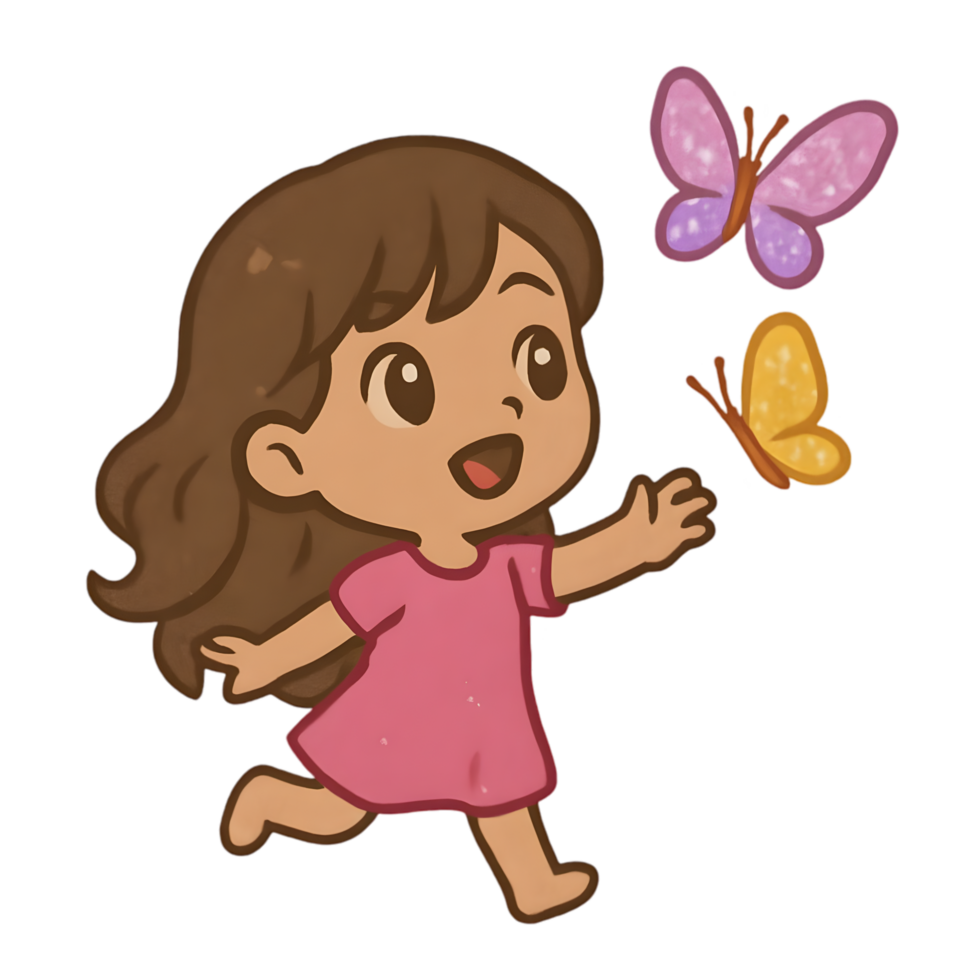 Charming girl chasing butterflies in a lush field whimsical art playful environment joyful perspective png