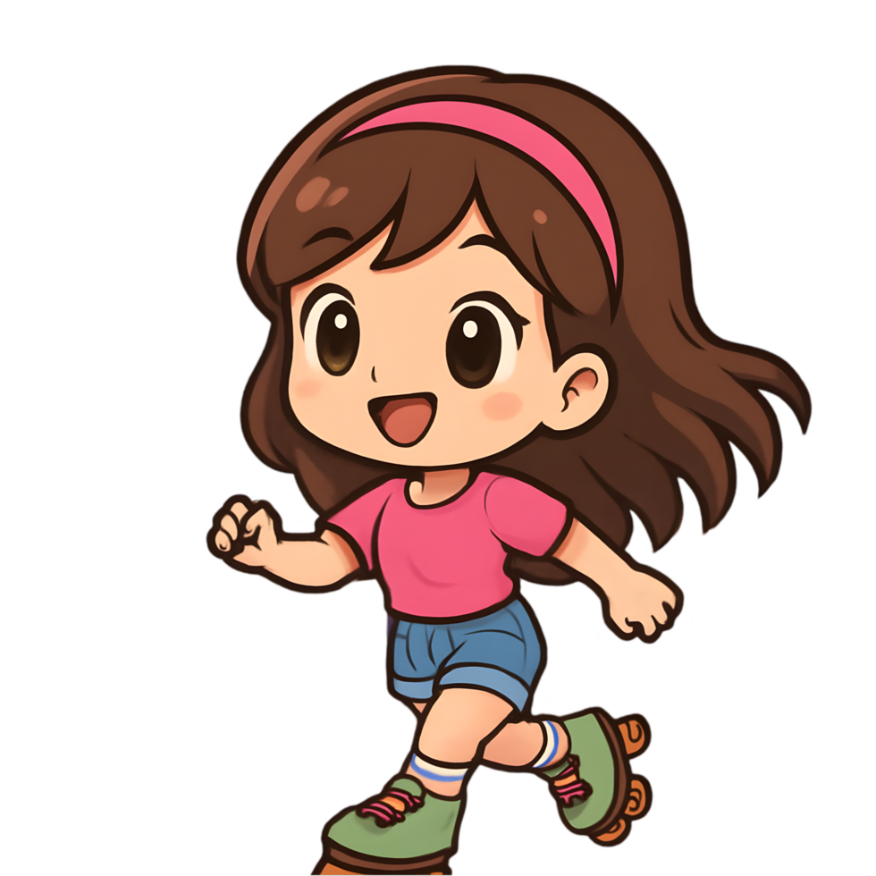 Chibi girl roller skating at sunset beach boardwalk fun activity vibrant atmosphere playful vibes joyful experience png