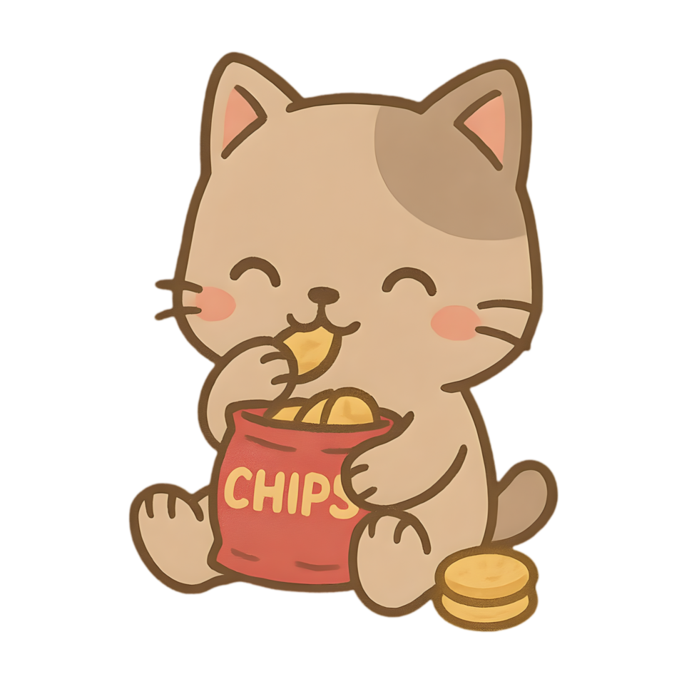 Charming chibi cat enjoying snack time whimsical setting digital illustration fun vibes playful perspective png