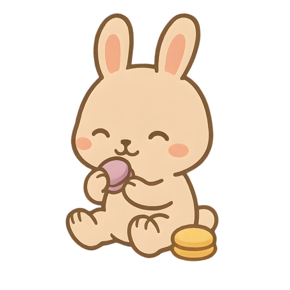 Charming chibi rabbit enjoying macaron transparent background cartoon style whimsical cute concept png