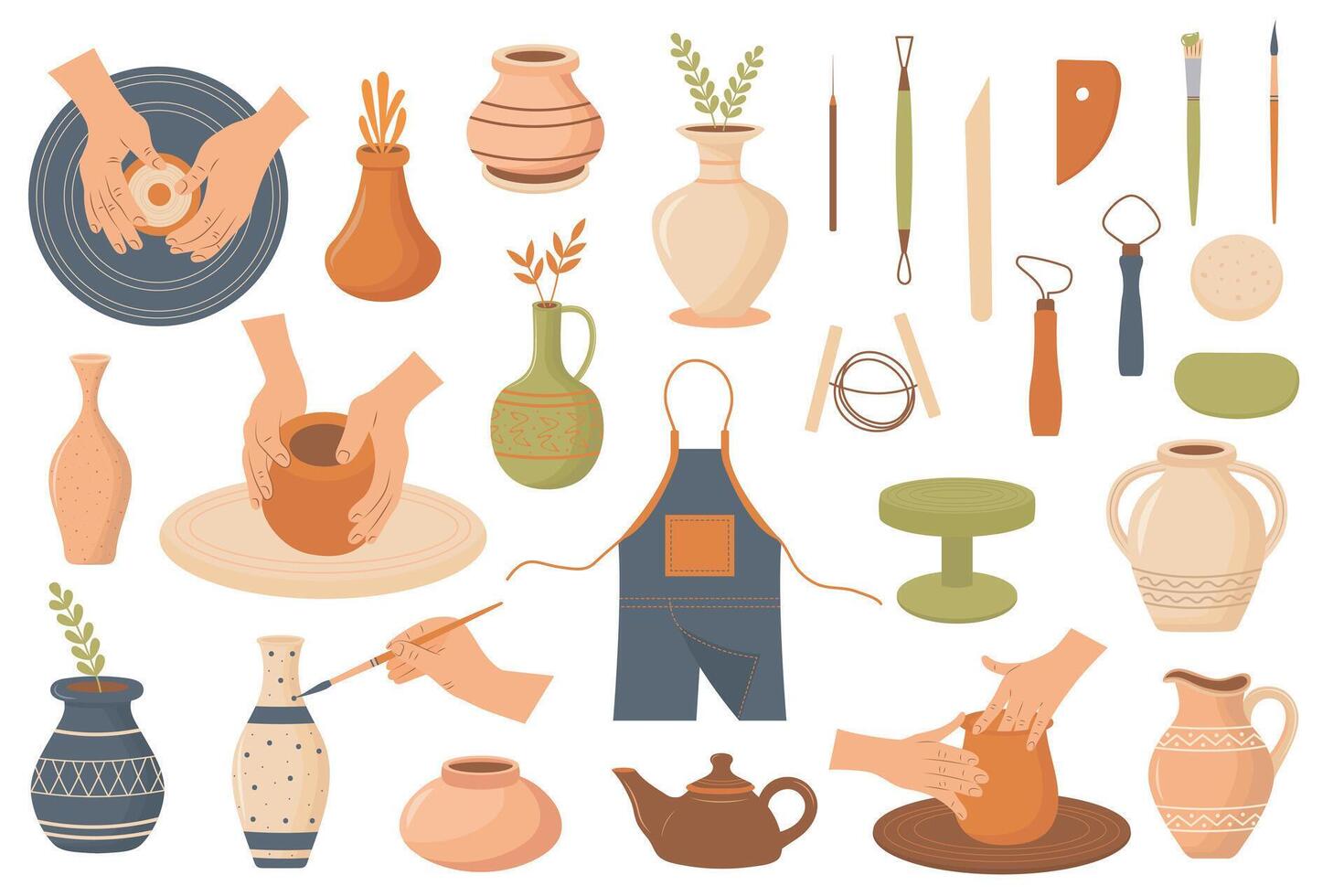 A set of illustrations featuring pottery, clay pots, vases, tools, and hands shaping ceramics. Perfect for craft, handmade art, and pottery workshops. vector