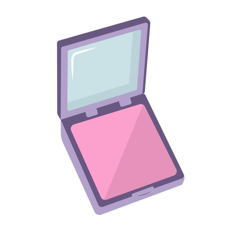 Face blush with mirror. Cheek blush cosmetic product. Cartoon flat illustration. vector