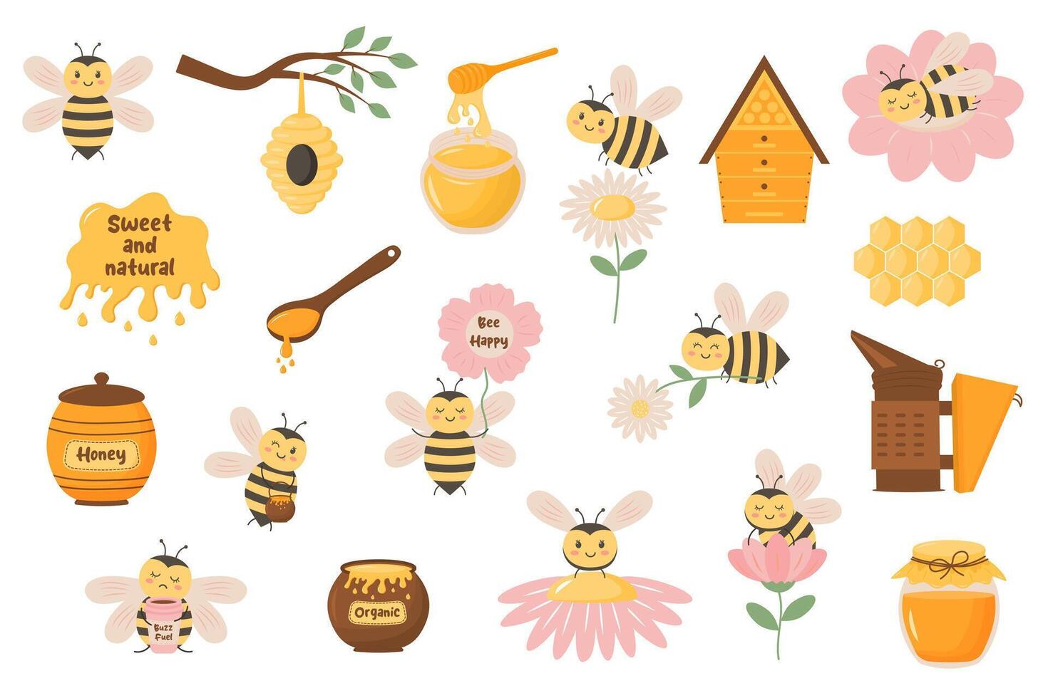 Beekeeping cartoon set. Collection of cute bees, beehive, honey, chamomiles, honeycomb and other elements. vector
