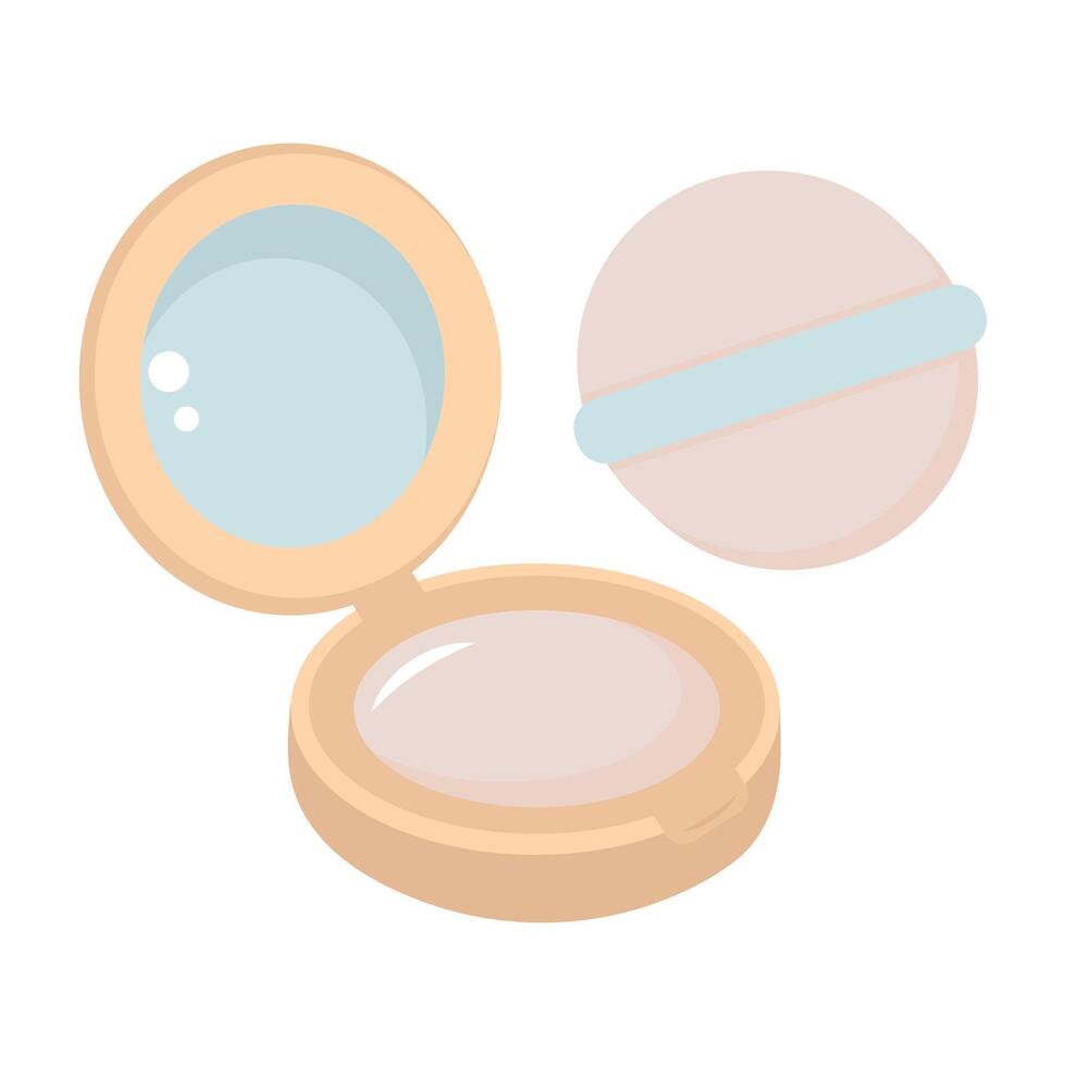 Face powder with mirror and makeup sponge. Cosmetic powder compact. Cartoon flat illustration. vector