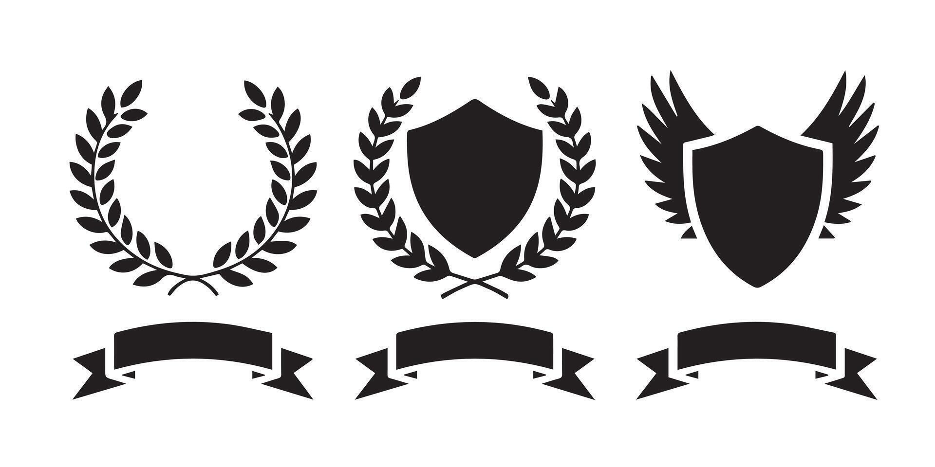 Heraldic Emblems in Black and White Coat of Arms Icons with Laurel Wreaths and Shields vector