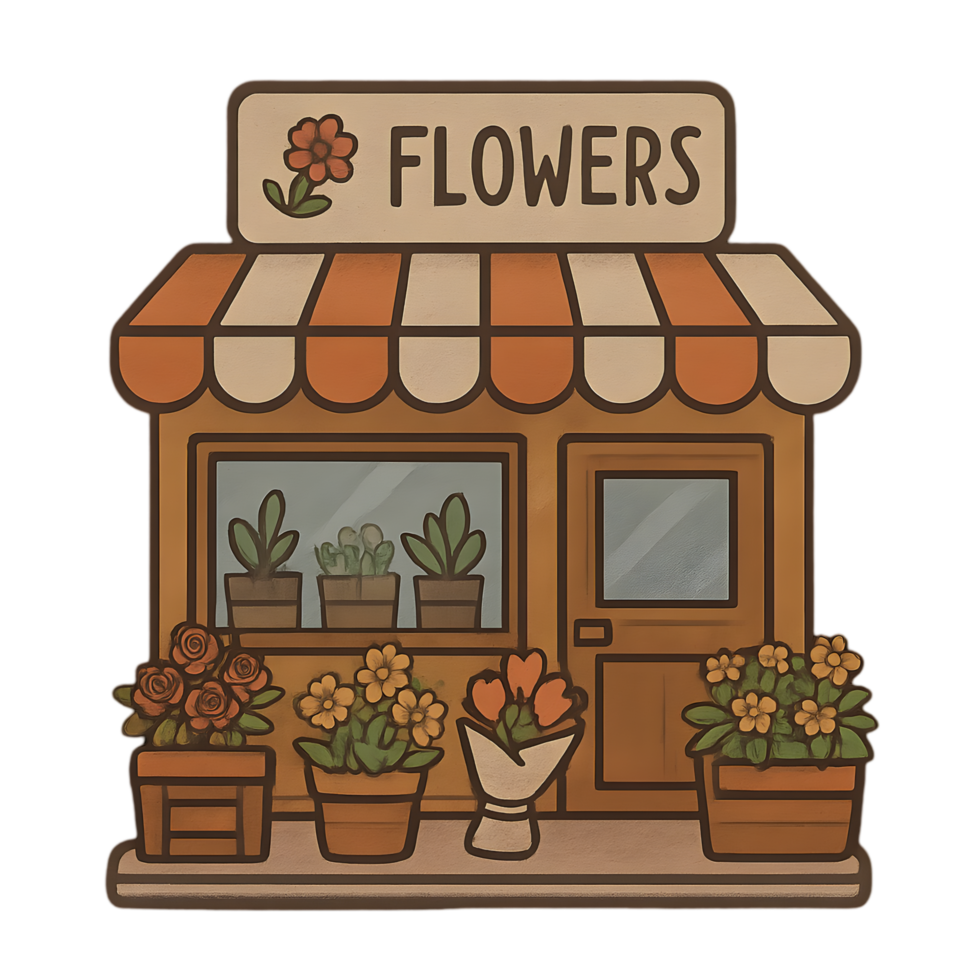 Charming flower shop front urban setting illustration with transparent background whimsical style png