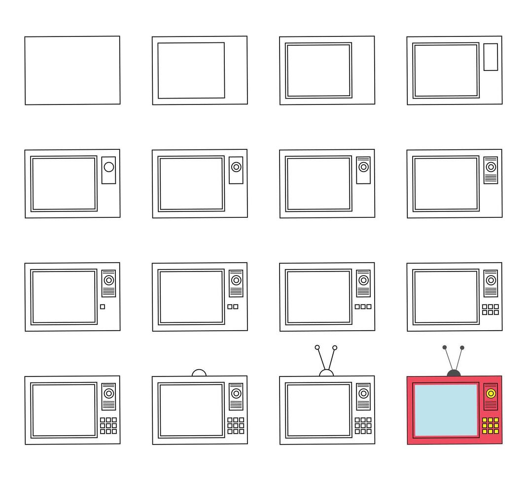 Worksheet easy guide to drawing cartoon TV retro. Simple step-by-step drawing tutorial for kids. vector