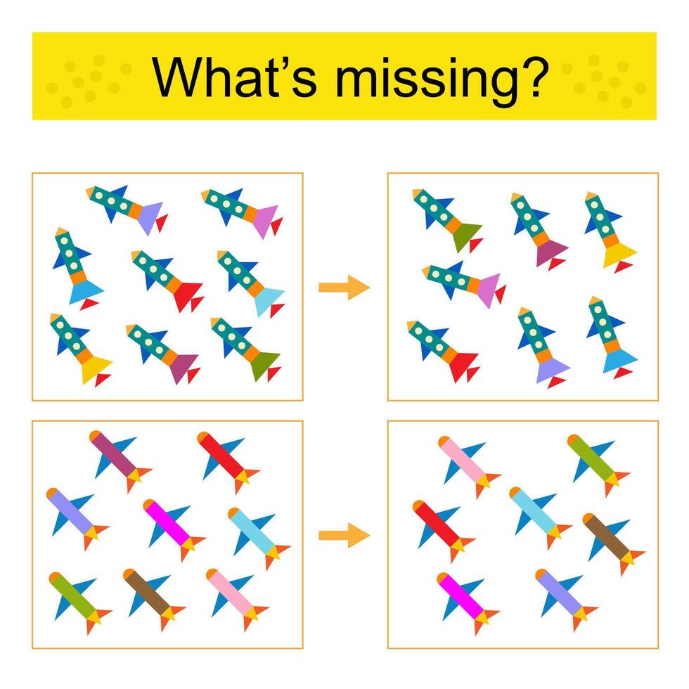 Puzzle game for kids. Task for the development of attention and logic. Find the missing airplane. vector