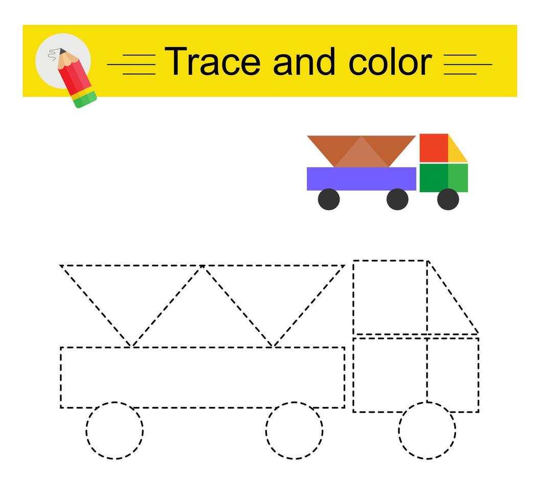 Trace and color for kids. Preschool worksheet for practicing fine motor skills. Cartoon truck. vector