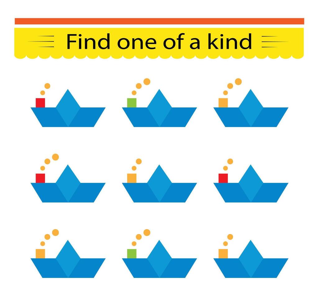 Fun education game for kids. Need to find one of a kind paper boat. Kids activity page. vector