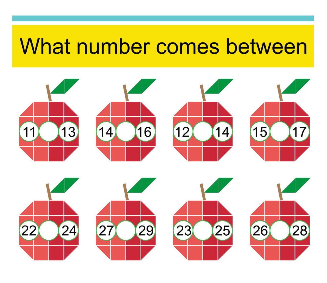 What number comes between Math worksheets for children. Cartoon apple. vector
