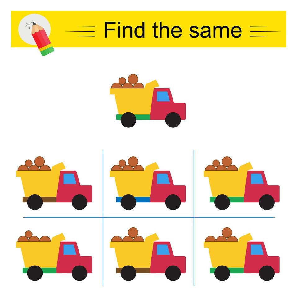 Puzzle game for kids. Task for development of attention and logic. Need to find the exact same dump truck. vector