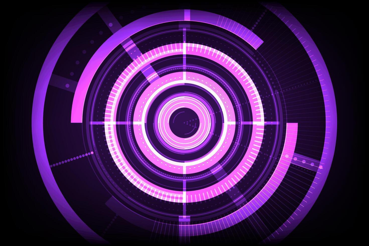 Purple and white abstract glow circles with a digital design in motion on a dark background. Hitech Technology background concept. vector