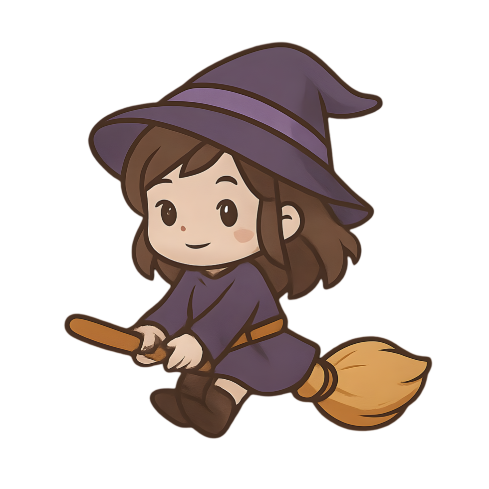 Charming witch flying on broomstick transparent background digital art whimsical vibes playful perspective png