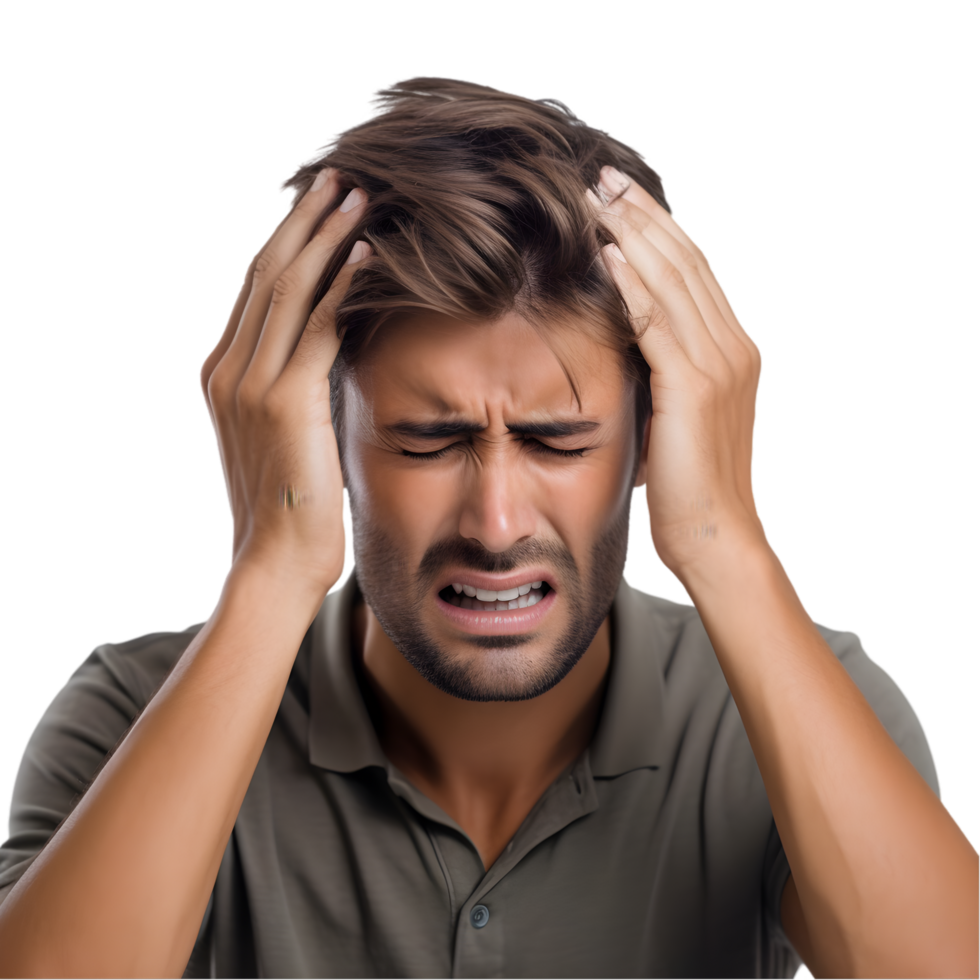 Stressed man with hands on head transparent background emotional portrayal indoor setting close-up view png
