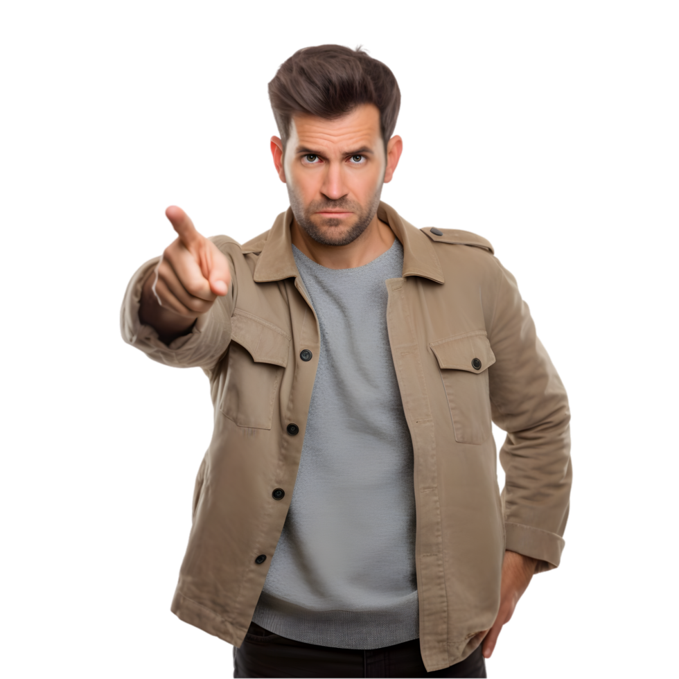 Angry man pointing forward urban setting digital art transparent background focused viewpoint png