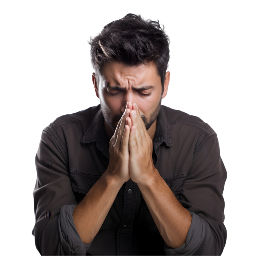 Man in despair contemplates life transparent background emotional scene indoor setting close-up view struggle concept png