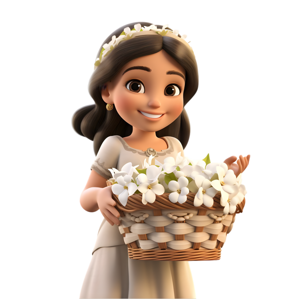 Smiling girl with flower basket transparent background cartoon style nature setting joyful concept png