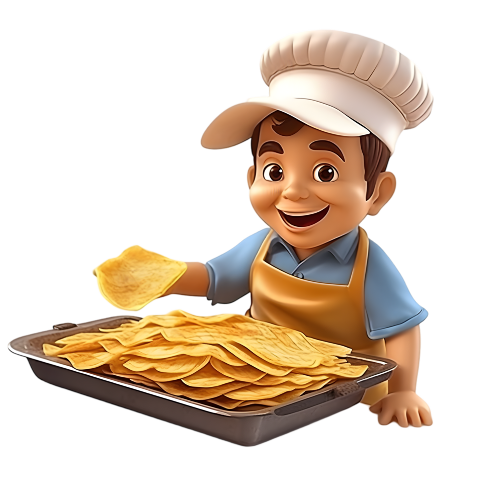 Transparent background of a cartoon vendor making thai crispy roti in a joyful street setting png
