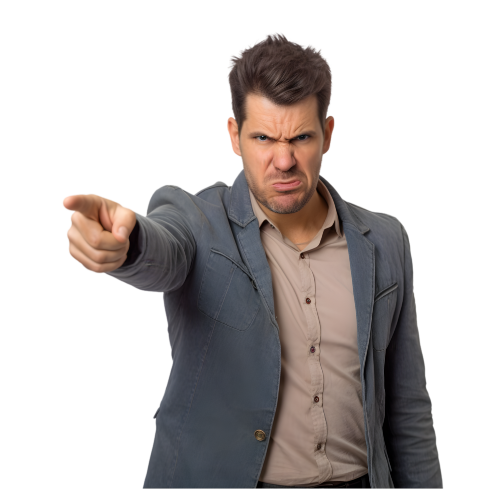 Angry man pointing forward transparent background business emotions indoor environment close-up view confrontational concept png