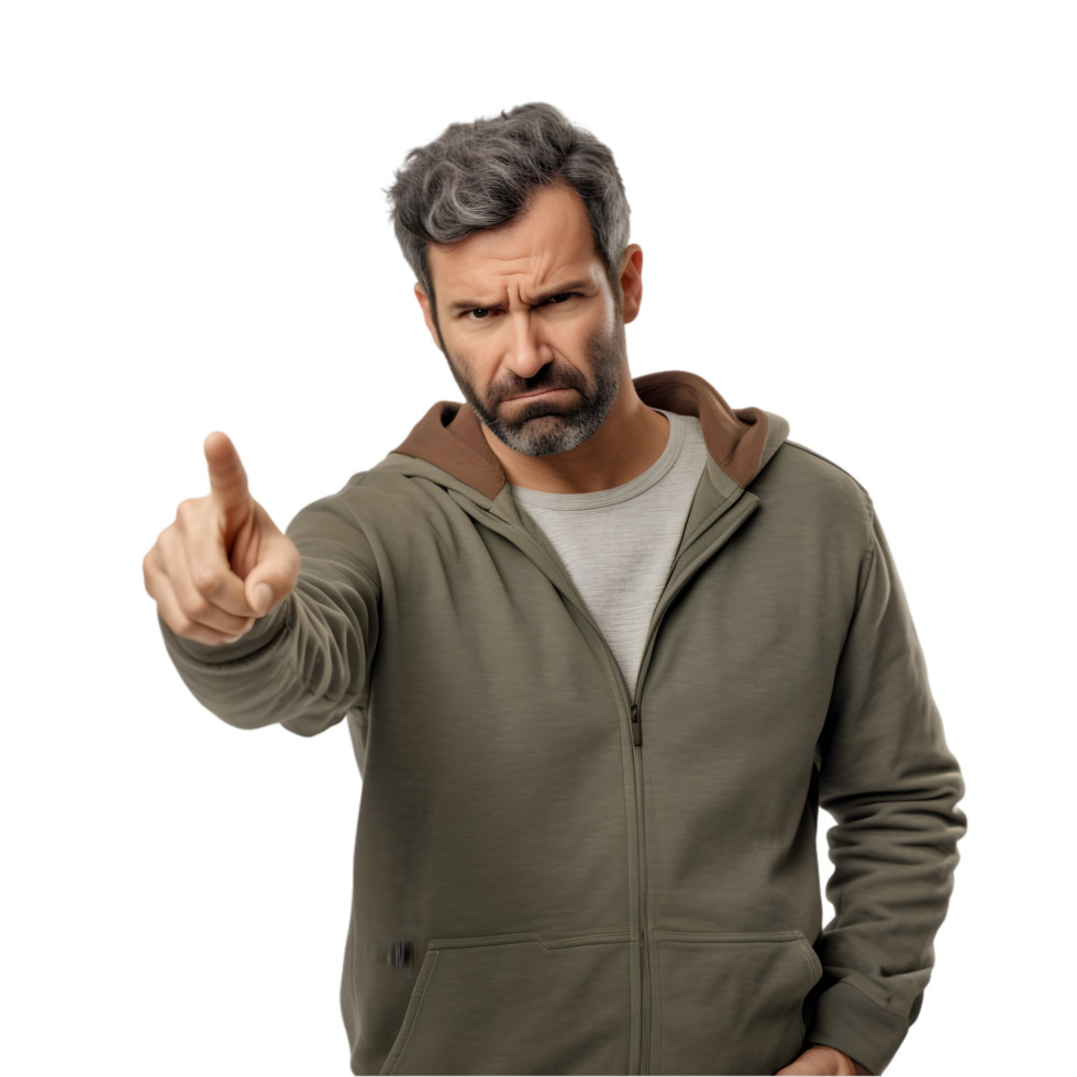 Angry man pointing forward urban setting portrait transparent background emotional expression png