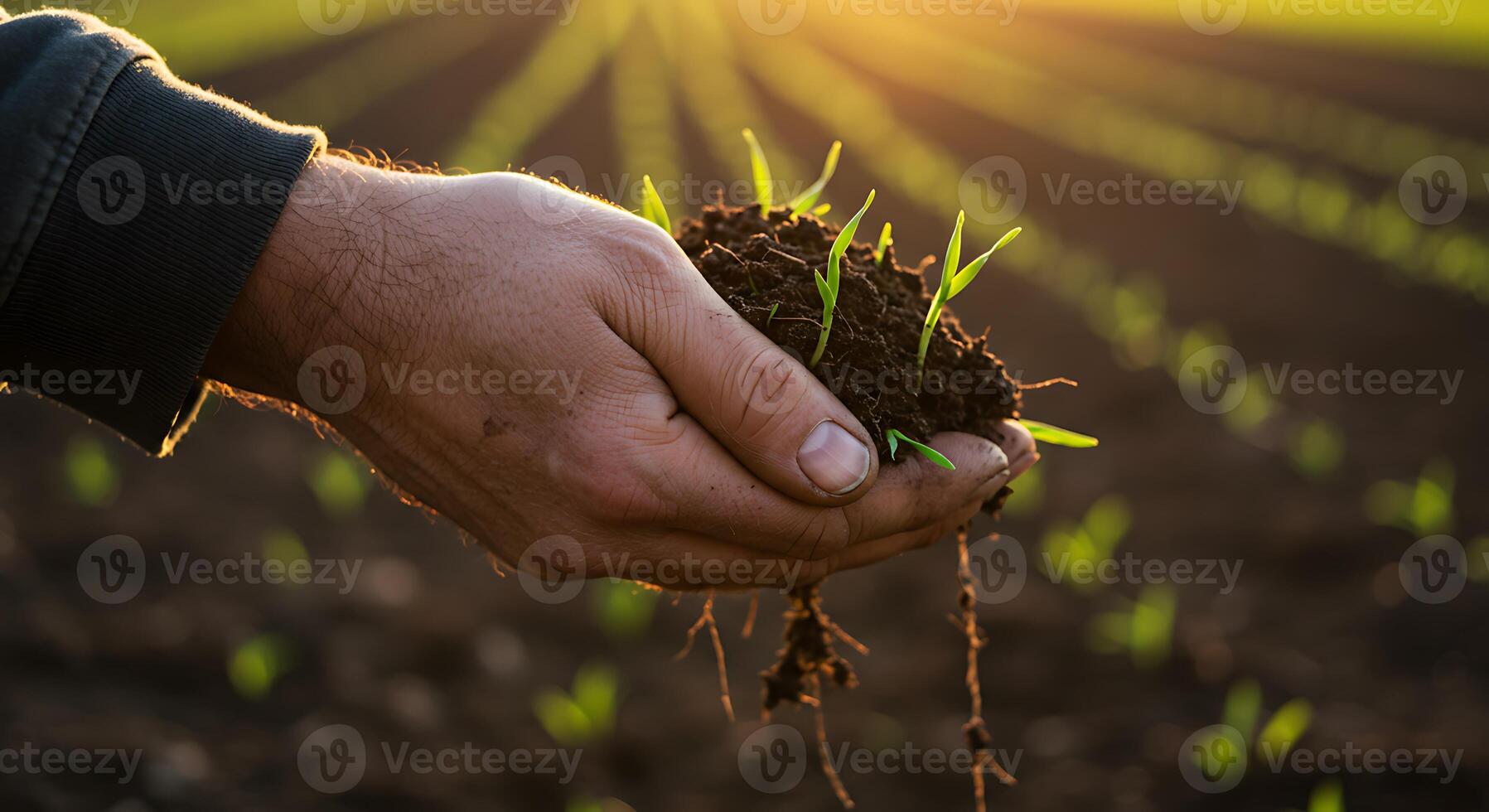 Farmer's Hands Holding Young Sprouts in a Field at Sunset photo