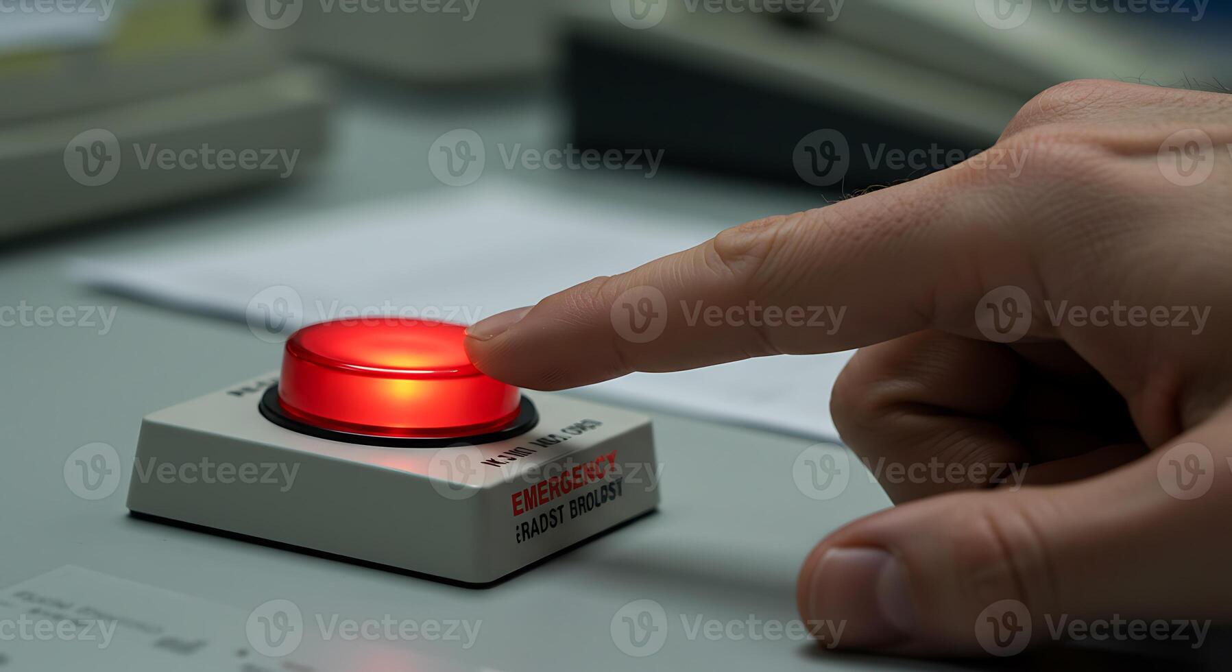 A Hand About to Press a Glowing Red Emergency Button photo