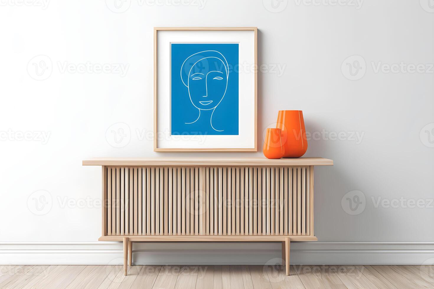 Modern interior design featuring minimalist artwork and decorative vases in a bright space with wooden furniture photo