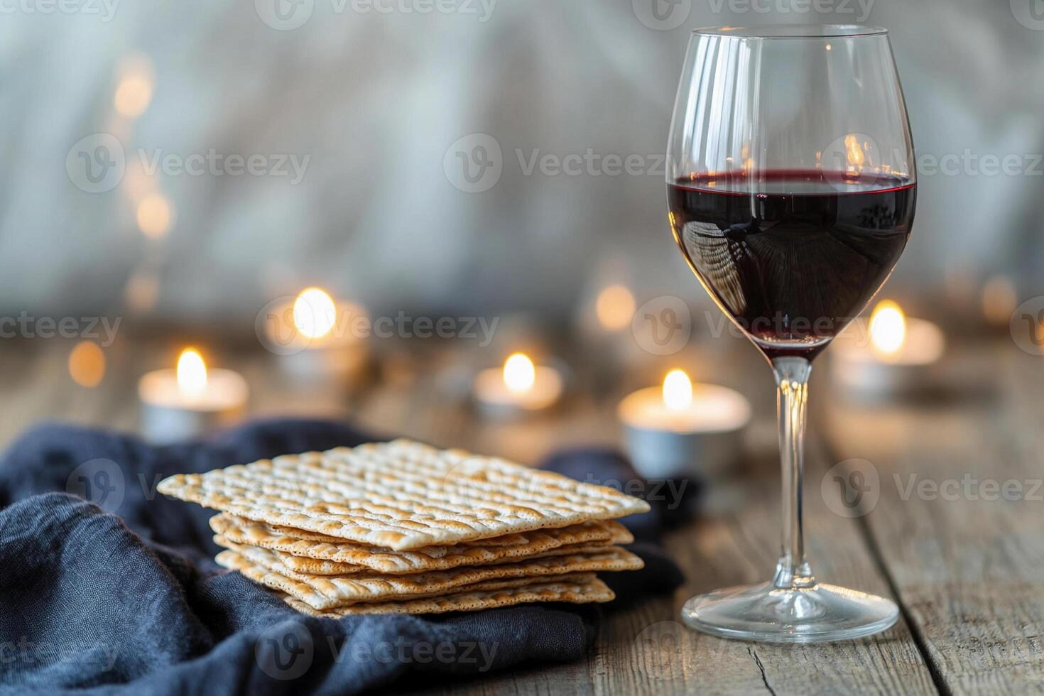 Enjoying a moment of relaxation with red wine and matzah on a rustic wooden table adorned with soft candlelight photo