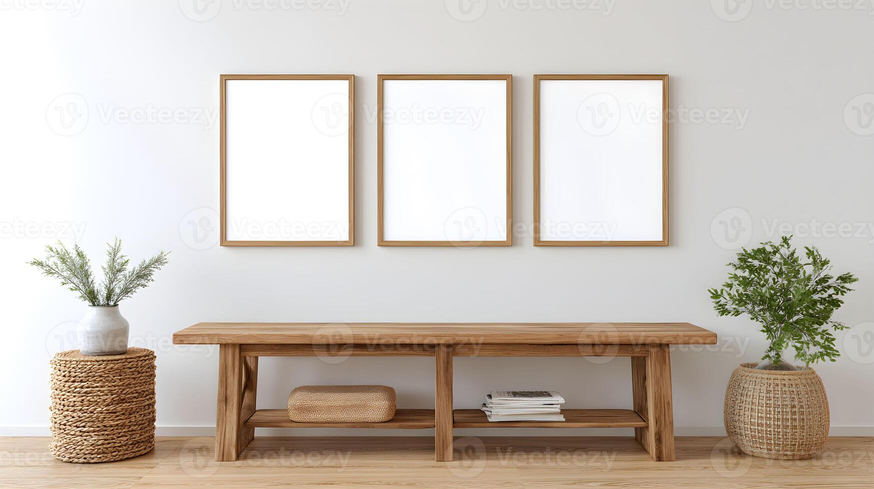 Blank frame for wall art mockup in a modern interior showcasing minimalistic decor and natural elements for creative inspiration in interior design photo