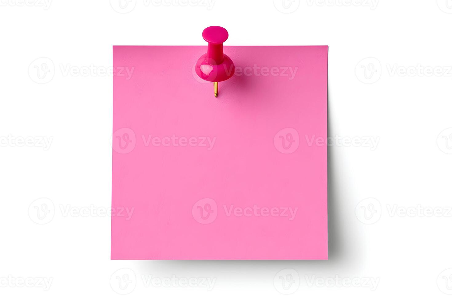 A vibrant pink sticky note for mockup is fastened to a surface by a pink push pin. photo