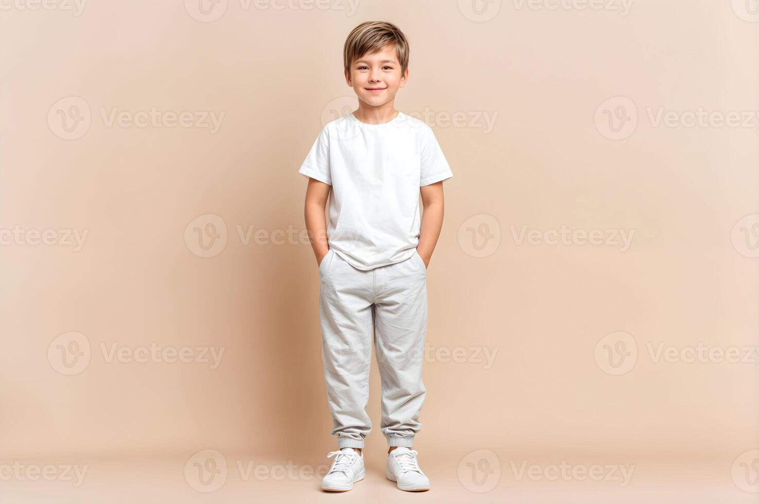 A young boy wearing a plain white t-shirt for mockup and light gray sweatpants stands confidently with his hands in his pockets. photo