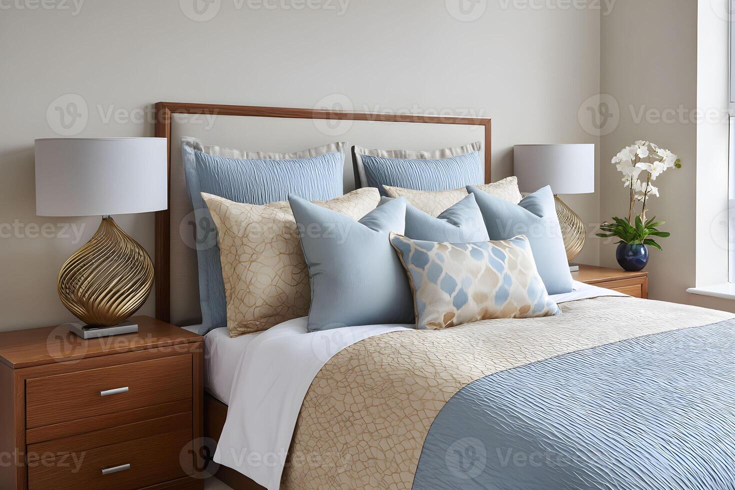 Stylish modern bedroom with elegant decor featuring plush bedding, decorative pillows, and soft lighting in a tranquil setting during daytime photo