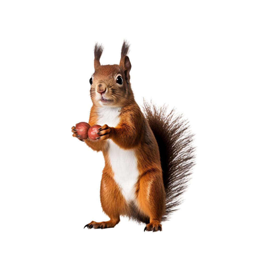 A red squirrel holding acorns in a transparent background nature environment forest viewpoint png